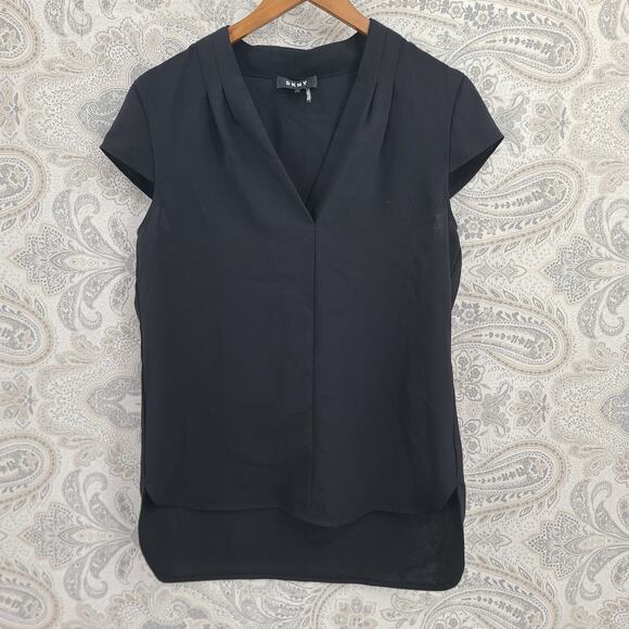 DKNY women's cap sleeve shoulder black blouse Size 6 Dark feminine Goth Office - Picture 2 of 7
